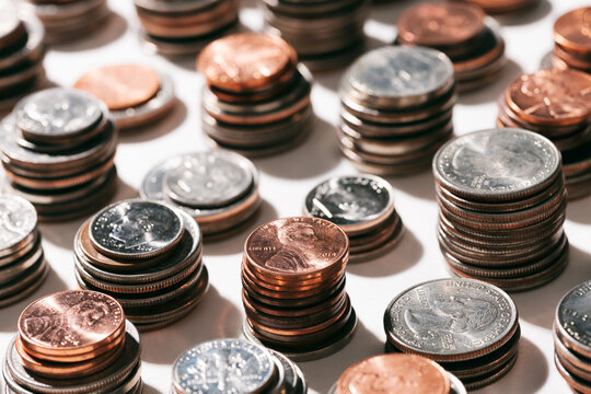 Coins: Focus On Penny In Stacks Of Various Denominations Of US Money