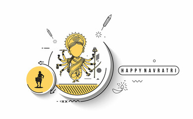 Happy Durga Puja festival with text of happy navratri India holiday background, Cartoon style Vector illustration.