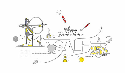 Lord Rama with arrow killing Ravana with text Happy Dussehra and Flat 25 % Sale - Abstract Poster Banner Vector Design.