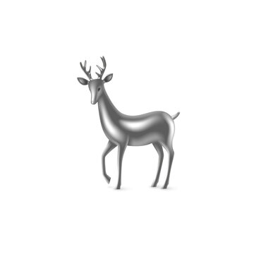 Realistic 3d silver metal deer. Decorative design element for New Year, Christmas holidays. Isolated on white background. Vector illustration.