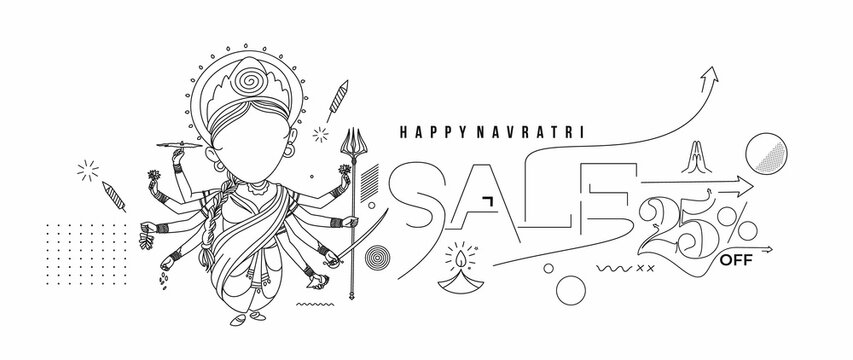 Happy Durga Puja festival happy navratri India holiday background, Flat 25% sale Vector illustration.