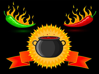 Hot mexican burning peppers on a background of a cauldron with hot simmering Mexican dish and fire. Vector
