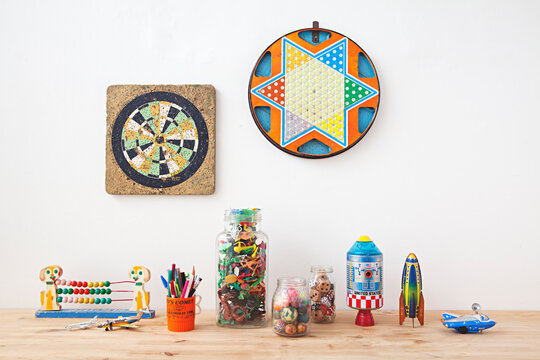 Collection of old toys and games on a table