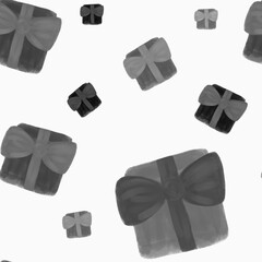 Watercolor white and black gift boxes with bows on white background. Christmas seamless pattern. Birthday, anniversary, holiday print, packaging, wallpaper design