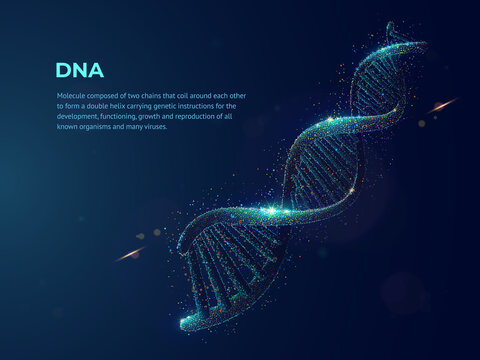 Human DNA abstract dotwork vector illustration made of cloud of colored dots. Digital art on topics of science or medicine. Deoxyribonucleic acid graphic design consists of neon particles.