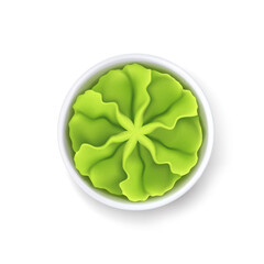 Portion of wasabi in ceramic bowl on white background, horseradish, mustard for sushi, asian food. Vector illustration.