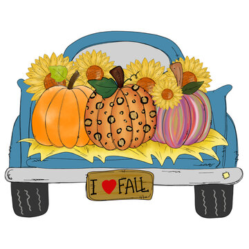 Thanks Giving - A colorful pumpkins in blue Classic truck isolated on white background.