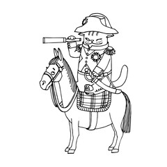 funny cat with a telescope, sword & hat, riding a horse like Napoleon Bonaparte, for cards, posters, vector illustration with black ink lines isolated on a white background in a hand drawn style