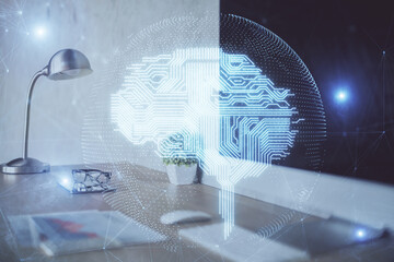Double exposure of work space with computer and human brain drawing hologram. Brainstorm concept.