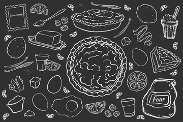 Illustration fresh sweet lemon pie isolated on black chalk board recipe for cafe menu price tag