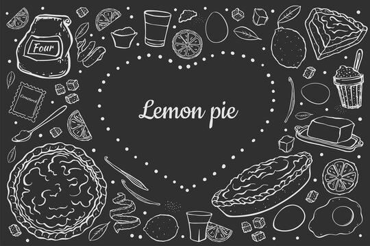 Illustration lemon pie isolated on black chalk board recipe in the shape of a heart inversion place under the text