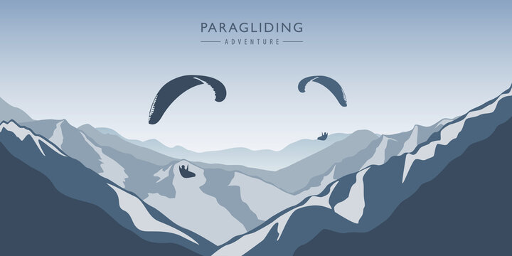 paragliding adventure in blue snowy mountains winter landscape vector illustration EPS10