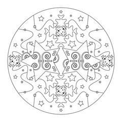 Christmas mandala. Christmas coloring page. Mandala of stars and puzzle pieces style effect. Black and white. Vector illustration.