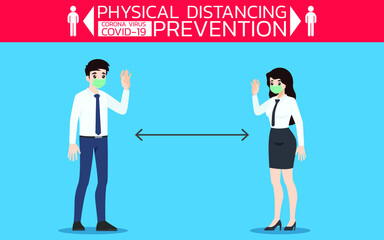 Businessman do th physicall distancing to prevent coronavirus or covid-19. The prevention and maintain to wear face mask and safe distance from the other people. Virus protection rule.