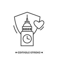 Landmark preservation line icon. World heritage protection. Safety of significant monuments and buildings. Volunteering and charity concept. Isolated vector illustration. Editable stroke 