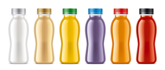Set of Plastic Bottles with non-transparent drinks. 