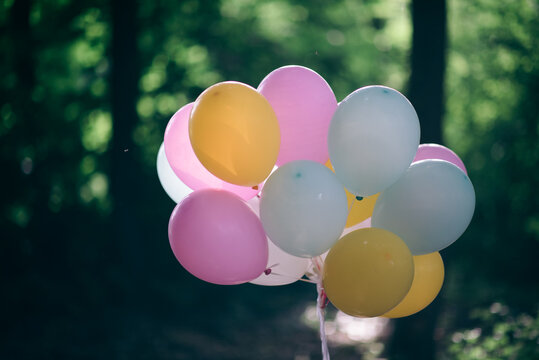 Pastel colored balloons outdoor with green background