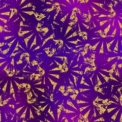 Gold glitter and purple tropical seamless pattern. High quality illustration. Real glitter texture in the shape of tropical palm tree leaves overlayed on a purple blurry background. Seamless design.