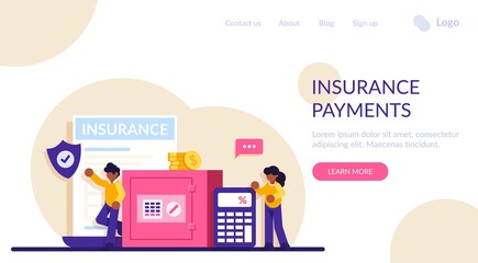 Insurance payment concept. People stand near the safe for money and calculator of calculation of insurance payments. Financial services. modern flat illustration.