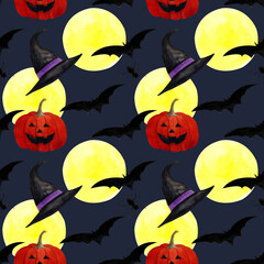 Hallowen seamless pattern with flying bats, moon, pumpkin on dark blue background. Watercolor illustration