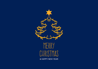 Abstract golden Christmas tree on a dark blue background vector. Gold stylized Christmas tree. Merry Christmas and Happy New Year Sign vector. Christmas greeting card