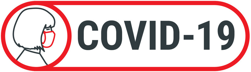Covid-19 sign with female wearing red medical face mask. Vector icon