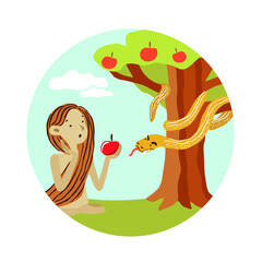 Vector biblical illustration with Eve and the snake in the Garden of Eden. Eve and Satan. Temptation. Disobedience. Sin. Apple, forbidden fruit. Cute Bible characters in a kind childish cartoon style.