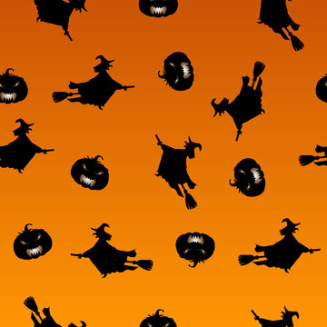 Seamless pattern, for Halloween's day. Pumkins and flying witch on orange background. Vector illustration