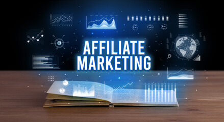 AFFILIATE MARKETING inscription coming out from an open book, creative business concept