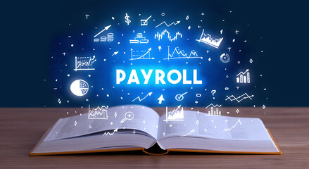 PAYROLL inscription coming out from an open book, business concept