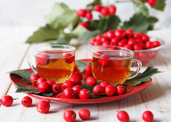 The hawthorn harvesting season for future use. Alternative medicine. The benefits of herbal hawthorn tea.Two cups of herbal tea on a red rectangular plate on a white table with berries.