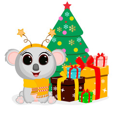 Merry Christmas. Koala with gifts. New Year greeting card, gift, holiday. Perfect for greeting cards, party invitations, posters, stickers, pin, scrapbooking, icons.