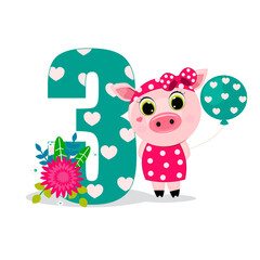 Number three and pig with balloon. Perfect for greeting cards, party invitations, posters, stickers, pin, scrapbooking, icons.