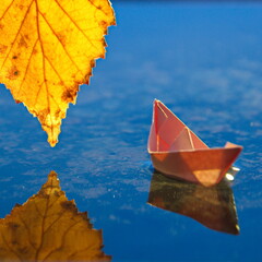 Paper boat and autumn leaf
