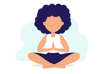 Girl in yoga lotus practices meditation. Vector illustration in flat style. Young woman meditating	
