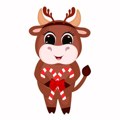Cute cartoon cow, bull with Christmas candy . Perfect for greeting cards, party invitations, posters, stickers, pin, scrapbooking, icons. Vector illustration.