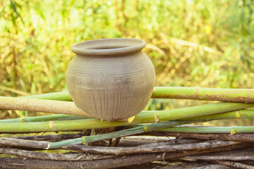 Beautiful vintage clay jugs close up, Pot, earthenware, ancient dishes, village, fence, Ukraine,...
