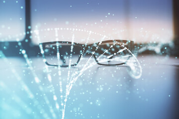 DNA drawing with glasses on the table background. Concept of bioengineering. Double exposure.