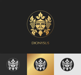 Man face logo with grape berries and leaves. Bacchus or Dionysus. Antique style for winemakers or wines. Vector illustration