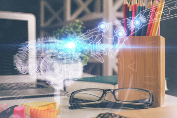 Brain drawings with glasses on the table background. Double exposure.