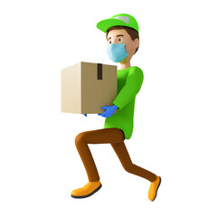 3D rendering. A man in uniform from a delivery service with a box in his hands.