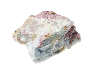 raw pink Tourmaline mineral in feldspar and quartz rock cutout on white background
