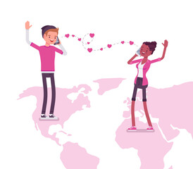 Love, long distance romantic relationship for boy, black girl. Separated young people communicate by phone calls, smartphone dating, chatting. Vector flat style cartoon illustration on map silhouette