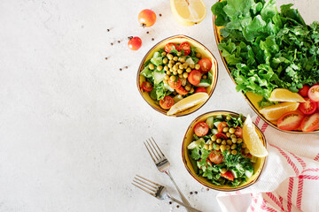 Vegetable salad bowl top view flat lay