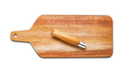 Wooden cutting board and pocket knife isolated on white