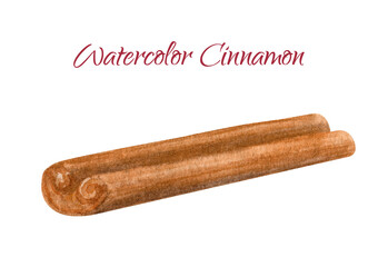 Watercolor cinnamon stick. Hand painted brown cinamon bark strip isolated on white background. Plant element for Christmas decoration, cooking, cuisine, aromatherapy, spice
