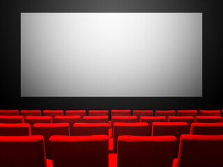 Cinema movie theatre with red seats and a blank white screen