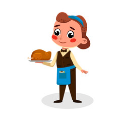 Cute Girl Chef Character Holding Tray with Delicious Fried Chicken, Kids Hobby or Future Profession Concept Cartoon Style Vector Illustration