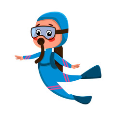 Child Diver Character in Wetsuit, Snorkel Mask and Flippers, Summer Water Sport, Kids Hobby Concept Cartoon Style Vector Illustration