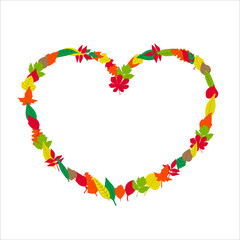 Colorful autumn leaves frame in the shape of a heart. Vector illustration on white background.
